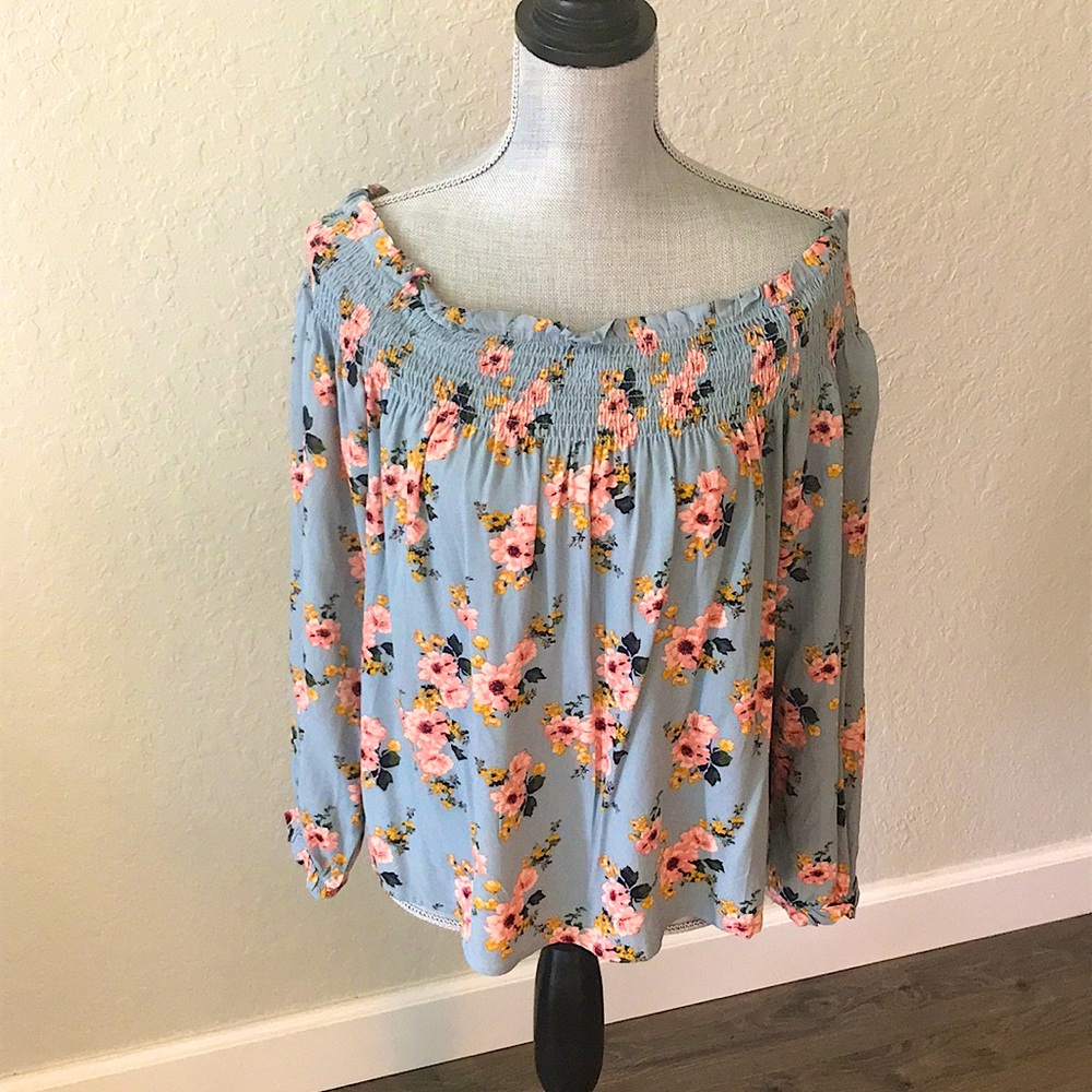Off Shoulder Grey/Blue Floral Blouse